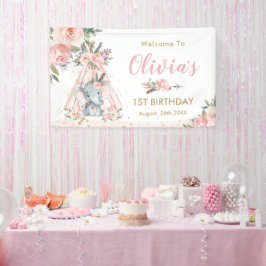Tribale olifant Roze Floral Birthday Baby Achtergr Spandoek