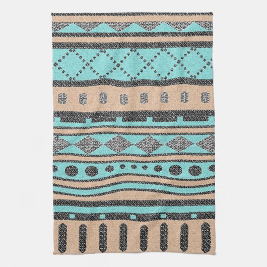 Tribale patroonpeach en Turquoise Theedoek (Verticaal)