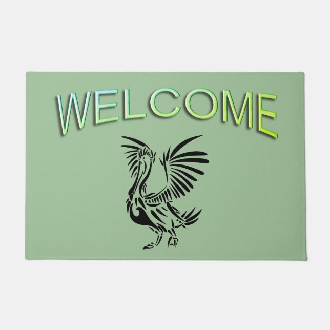 Tribale Pelican Art over Groen Deurmat (Voorkant)