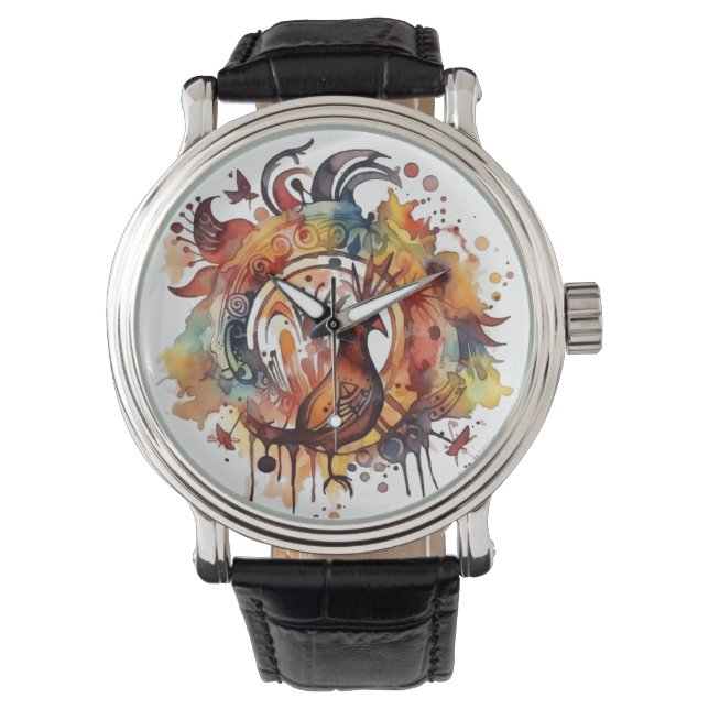 Tribale Phoenix Waterverf Mandala Horloge Kunst (Voorkant)