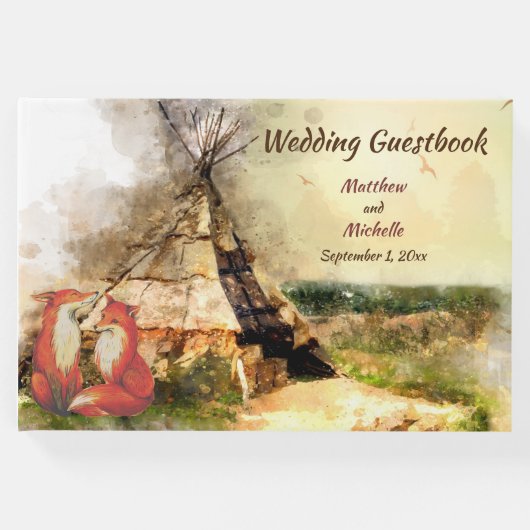 Tribale Tipi en Foxes in Love Boho Teepee Wedding Gastenboek (Voorkant)
