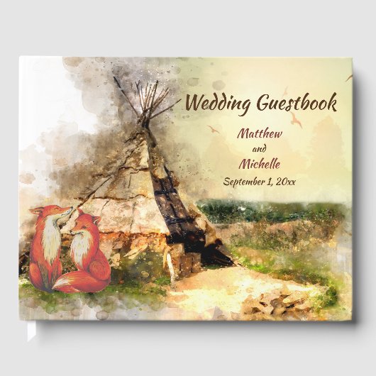 Tribale Tipi en Foxes in Love Boho Teepee Wedding Gastenboek (Voorkant)