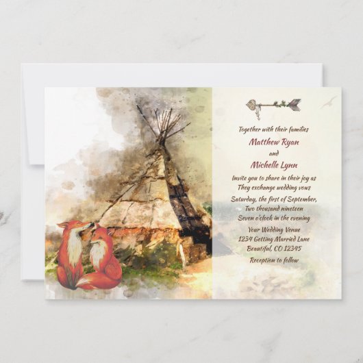 Tribale Tipi en Foxes in Love Boho Teepee Wedding Kaart (Achterkant)