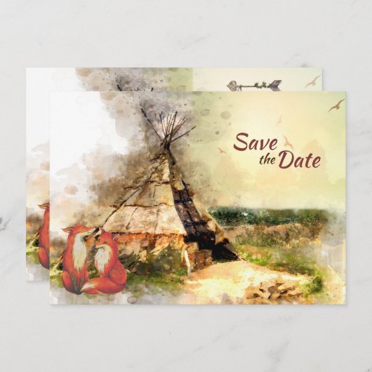 Tribale Tipi en Foxes in Love Boho Teepee Wedding Save The Date (Voorkant / Achterkant)