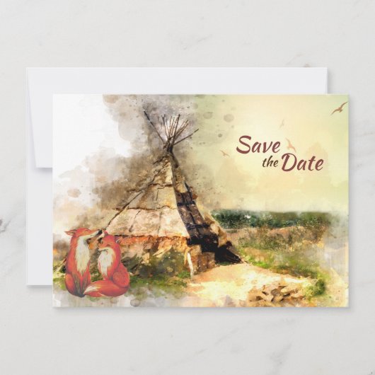 Tribale Tipi en Foxes in Love Boho Teepee Wedding Save The Date (Voorkant)