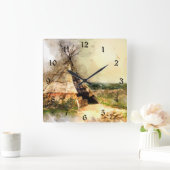 Tribale Tipi ~ Prachtige Waterverf Teepee Vierkante Klok (Huis)