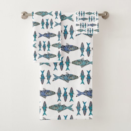 Tribale vis blauw groen modern grafisch ontwerp bad handdoek (Insitu)