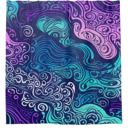 Tribale werveling turquoise paarse oceaan golven douchegordijn (Voorkant)