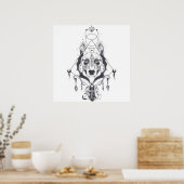 Tribale Wolf Animal in zwart-wit Poster (Keuken)