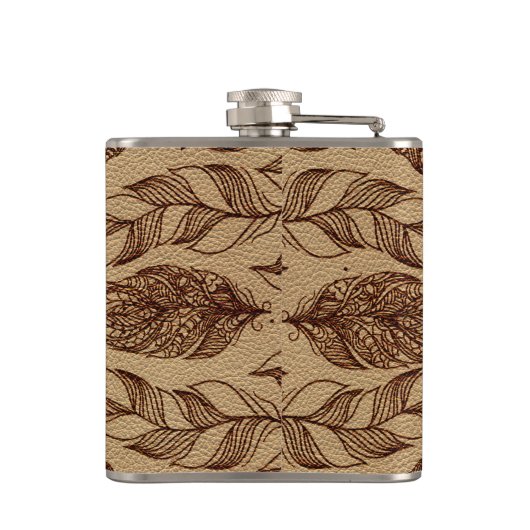 Tribale Wolf en veren leder, ingegraveerd, met inp Heupfles (Achterkant)