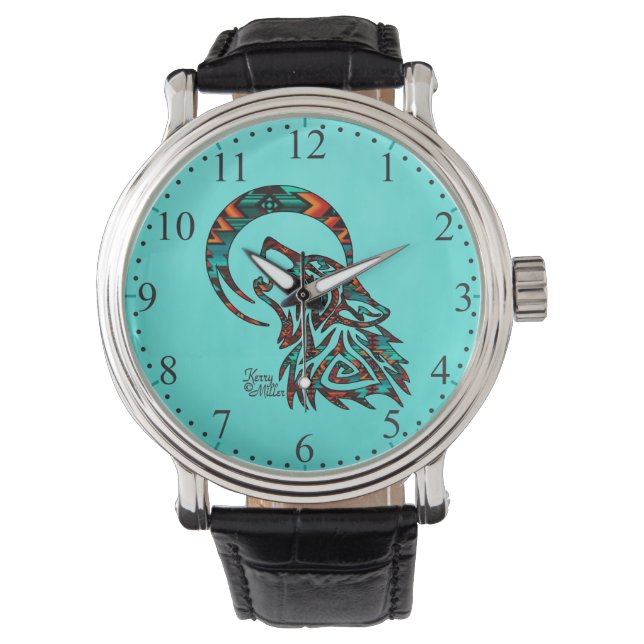 Tribale Wolf Howling bij Moon Watch Horloge (Voorkant)