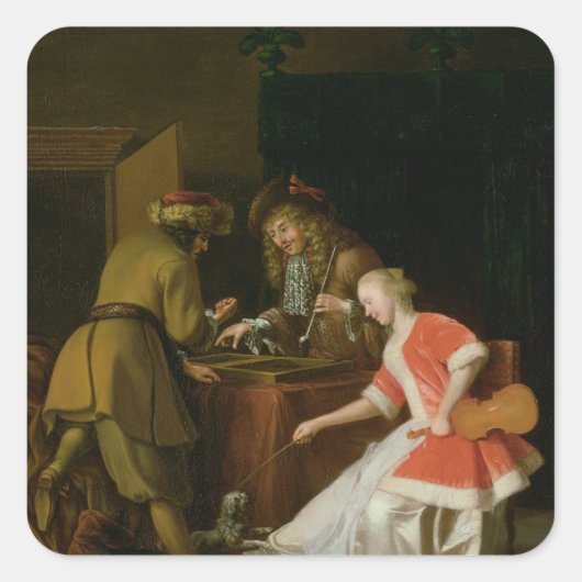 Tric-trac-spelers met een dame en haar hond vierkante sticker (Voorkant)