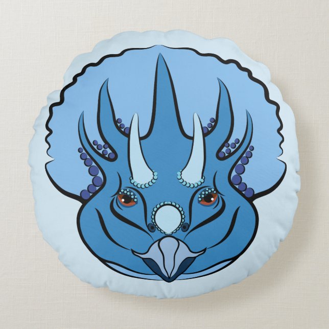 Triceratops Blue Cute Dinosaur Rond Kussen (Voorkant)