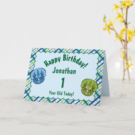 Triceratops Blue en Green Cute Dinosaur Birthday Kaart (Gele Bloem)