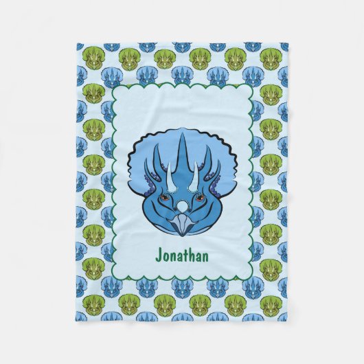 Triceratops Blue en Green Cute Dinosaur Pattern Fleece Deken (Voorkant)