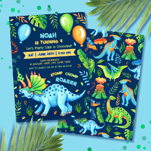 Triceratops Boy Dinosaur Verjaardagsfeestje Blauw Kaart