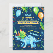 Triceratops Boy Dinosaur Verjaardagsfeestje Blauw Kaart (Voorkant)