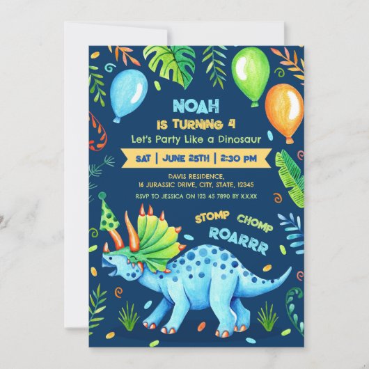 Triceratops Boy Dinosaur Verjaardagsfeestje Blauw Kaart (Voorkant)