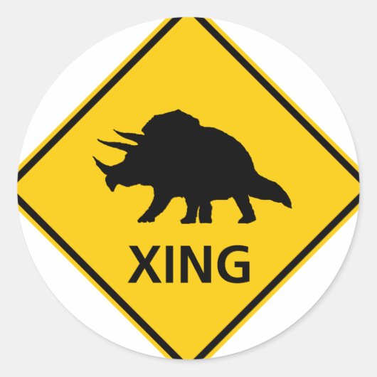 Triceratops Crossing Highway Sign Dinosaur Ronde Sticker (Voorkant)
