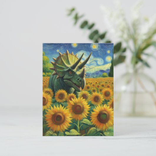 Triceratops Dino in het Zonnebloemveld Van Gogh Briefkaart (Staand voorkant)