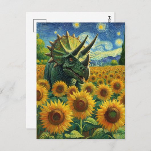 Triceratops Dino in het Zonnebloemveld Van Gogh Briefkaart (Voorkant / Achterkant)