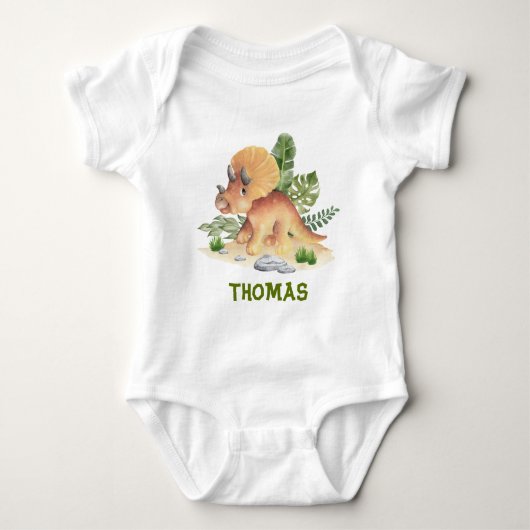 Triceratops Dinosaur Greenery Custom Name Romper (Voorkant)