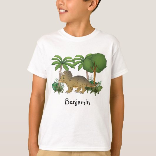 Triceratops dinosaur met bomen en Planten T-shirt (Voorkant)