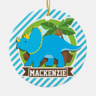 Triceratops Dinosaur; Sky Blue & White Stripes Keramisch Ornament