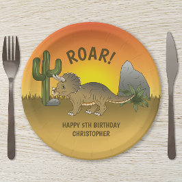Triceratops Dinosaur Sunset Desert Kind Birthday Papieren Bordje