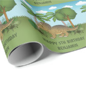 Triceratops Dinosaur Tropisch Kind Happy Birthday Cadeaupapier (Rol Hoek)