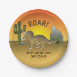 Triceratops Dinosaur Zonsondergang Woestijn Kinder Papieren Bordje