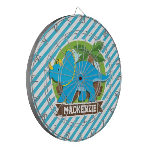 Triceratops dinosaurus; hemelsblauw & witte strepe dartbord (Voorkant Links)