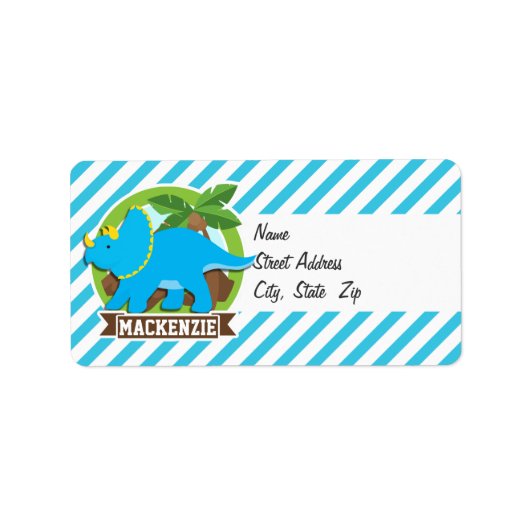 Triceratops dinosaurus; hemelsblauw & witte strepe etiket (Voorkant)