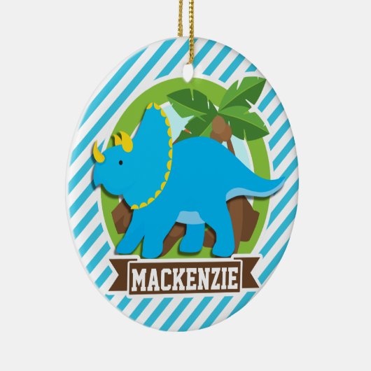 Triceratops dinosaurus; hemelsblauw & witte strepe keramisch ornament (Rechts)