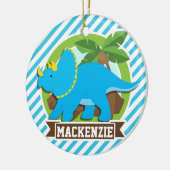 Triceratops dinosaurus; hemelsblauw & witte strepe keramisch ornament (Links)