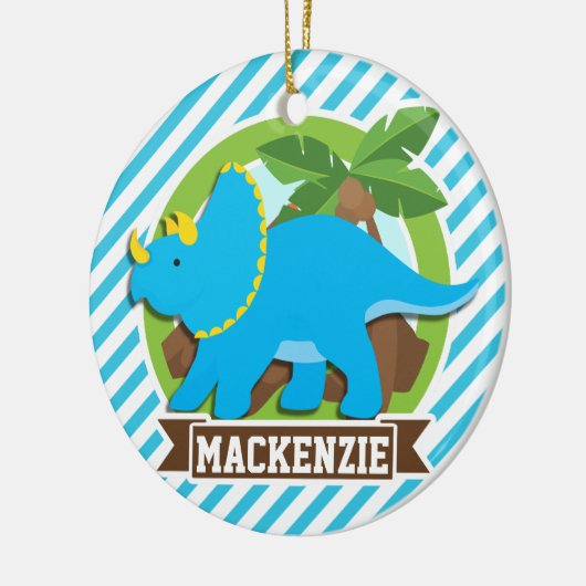 Triceratops dinosaurus; hemelsblauw & witte strepe keramisch ornament (Links)