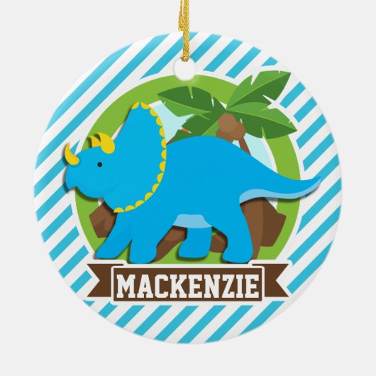 Triceratops dinosaurus; hemelsblauw & witte strepe keramisch ornament (Achterkant)