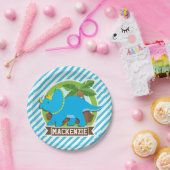 Triceratops dinosaurus; hemelsblauw & witte strepe papieren bordje (Feest)