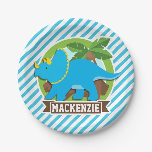 Triceratops dinosaurus; hemelsblauw & witte strepe papieren bordje (Voorkant)