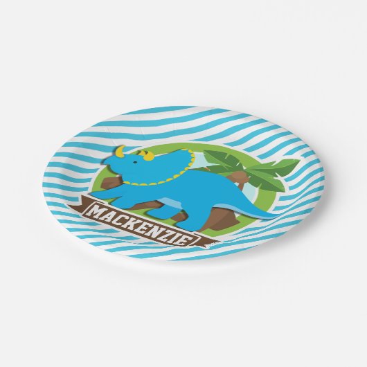 Triceratops dinosaurus; hemelsblauw & witte strepe papieren bordje (Gekanteld)