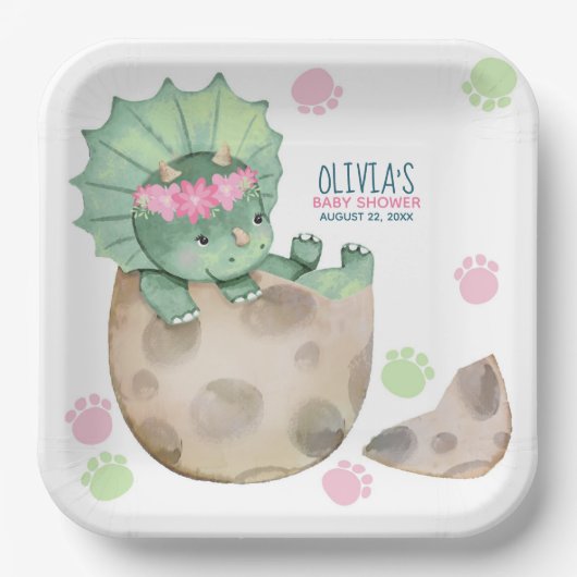 Triceratops Dinosaurus Meisje Baby shower Papieren Bordje (Voorkant)