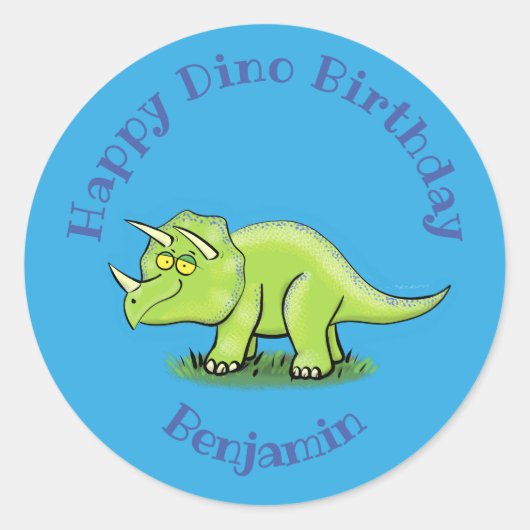 Triceratops happy dinosaur cartoon ronde sticker (Voorkant)