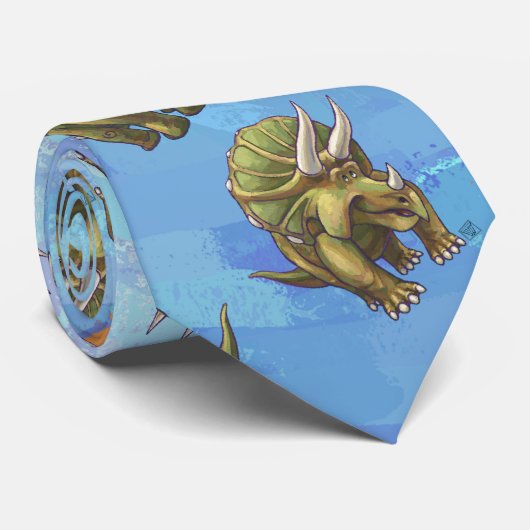 Triceratops head and Tails Pattern on Blue Stropdas (Opgerold)