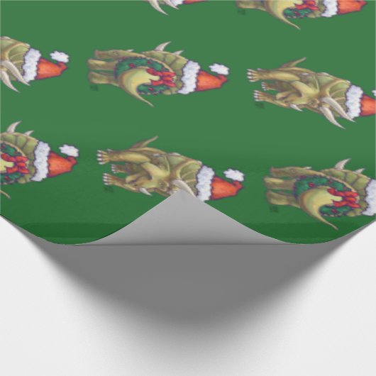 Triceratops kerstgroen cadeaupapier (Hoek)
