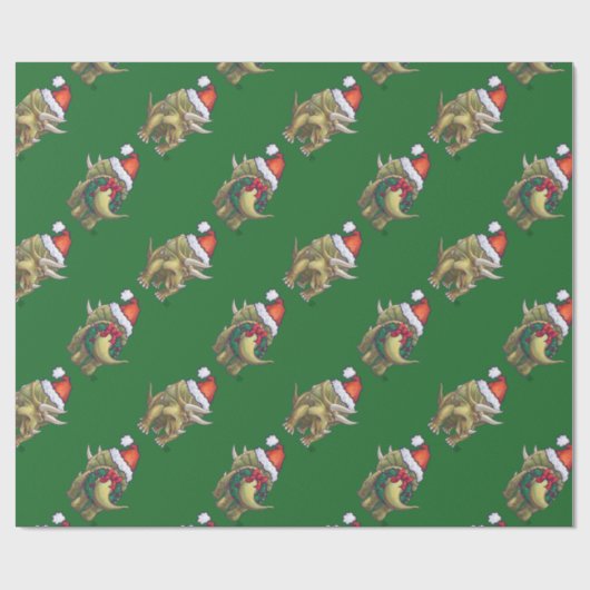 Triceratops kerstgroen cadeaupapier (Vlak)