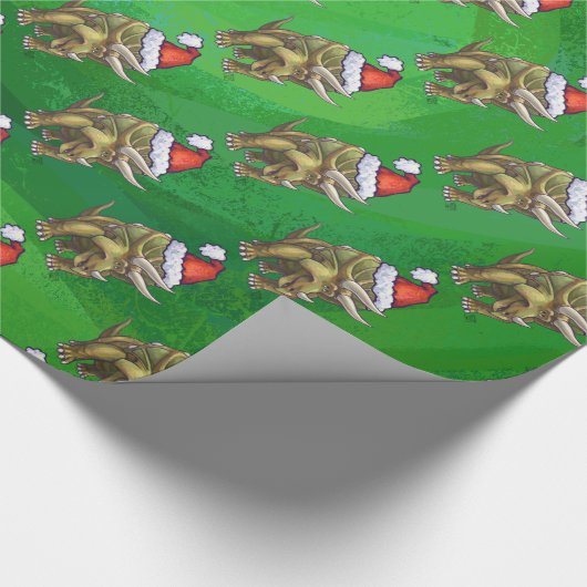 Triceratops kerstgroen cadeaupapier (Hoek)