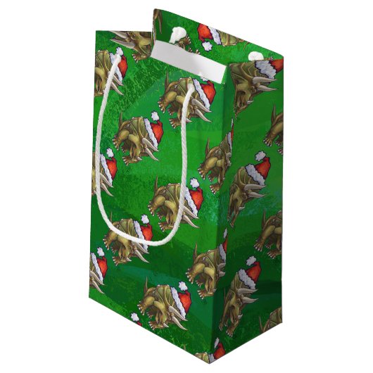 Triceratops kerstgroen klein cadeauzakje (Achterkant Gekanteld)