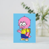 Triceratops Nerd met rugzak en handboek. Briefkaart (Staand voorkant)