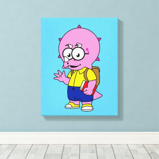 Triceratops Nerd met rugzak en handboek. Canvas Afdruk (Insitu (Houten vloer))