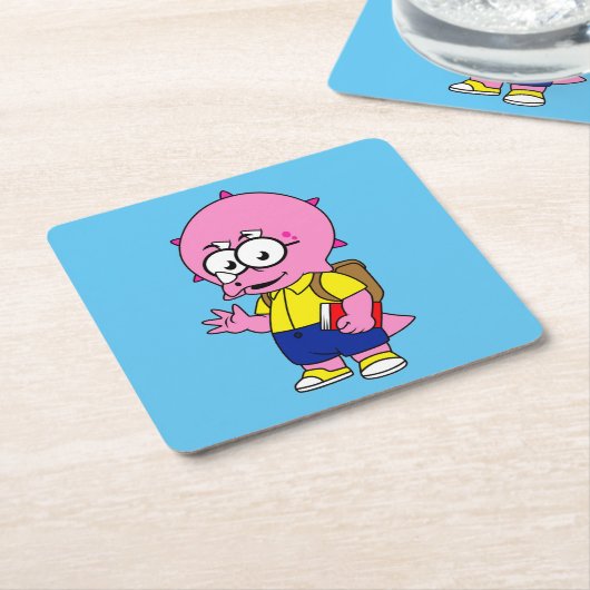 Triceratops Nerd met rugzak en handboek. Kartonnen Onderzetters (Schuin)